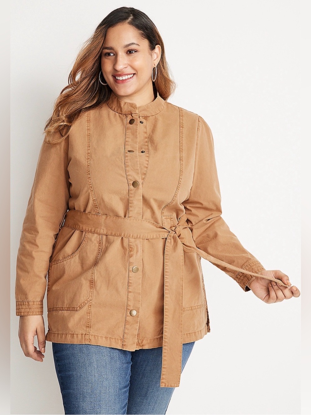 MAURICES Twill Utility Belted Jacket L 23” p2p Camel EUC